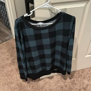 Black and blue check scoop neck.